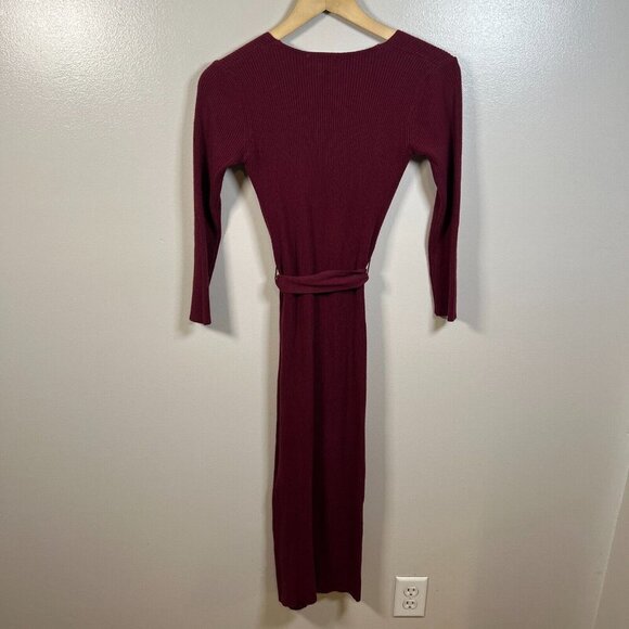 Bohme Ledger Sweater Dress Size XS Burgundy Midi Bodycon Tie Waist Ribbed - Picture 3 of 12